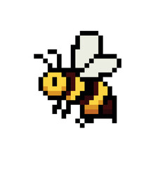 Pixel art illustration of a yellow and brown bee with blue wings, isolated on a white background, 8-bit retro style.