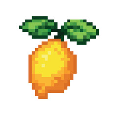 Pixel art illustration of a yellow lemon with a green leaf and brown stem, isolated on a white background, 8-bit retro style.
