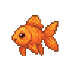 Fototapeta premium Pixel art illustration of an orange goldfish with detailed fins and scales, isolated on a white background, 8-bit retro style.