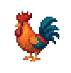 Obraz premium Colorful rooster in pixel art style, retro 8-bit farm animal illustration, isolated on white background,