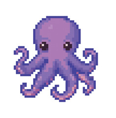 Pixel art illustration of a cute pink octopus with a smiling face, isolated on a white background, 8-bit retro style.