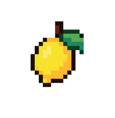 Pixel art illustration of a yellow lemon with a green leaf and brown stem, isolated on a white background, 8-bit retro style.