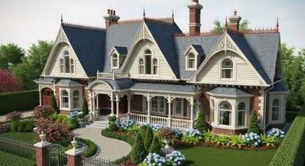 Victorian Mansion with Lush Gardens and Grand Entrance.