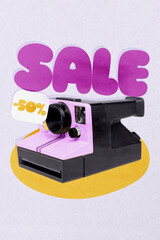 Sketch design trend 3D collage of camera shooting polaroid consumerism advertisement shopping store...