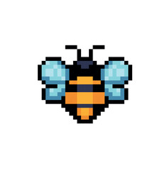Pixel art illustration of a yellow and brown bee with blue wings, isolated on a white background, 8-bit retro style.