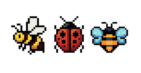 Pixel art illustration of insects, cute bee, ladybug and bumblebee, retro 8-bit sprite style, cartoon bug set for games and design, isolated on white background