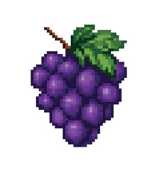 Fototapeta premium Pixel art illustration of a bunch of purple grapes with a green leaf and brown stem, isolated on a white background, 8-bit retro style.