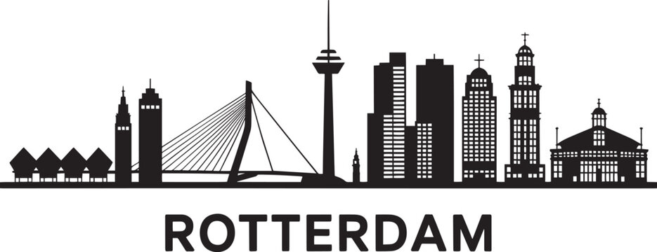 Rotterdam Skyline Silhouette Vector Illustration Depicting Cityscape with Iconic Landmarks and Architecture