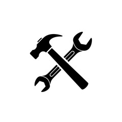 Hammer and wrench crossed silhouette isolated on white background