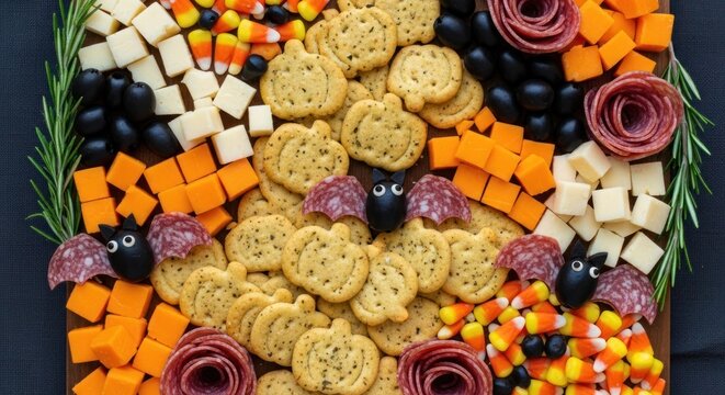 Festive halloween charcuterie board with pumpkin crackers and candy corn