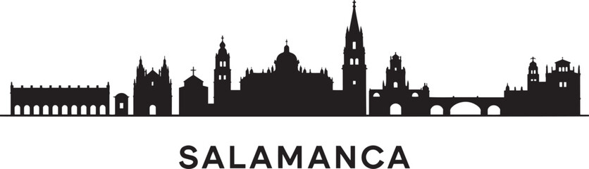 Naklejka premium Salamanca Skyline Silhouette Vector Illustration, Spain Cityscape Outline with Famous Landmarks