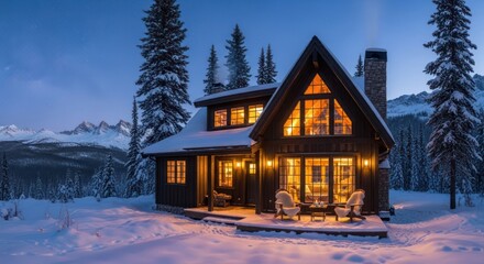 Warm glowing cabin in a serene snowy mountain landscape.