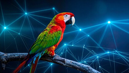 Colorful macaw perched on branch with digital neural network background, blending nature and technology.