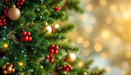 Obraz premium Holiday Cheer Decorated Evergreen with Shiny Ornaments, Red Berries, and Sparkling Lights Creates a Festive and Joyful Atmosphere
