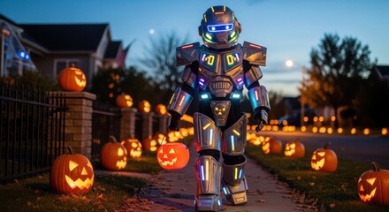 Child in robot costume trick or treating on halloween night with pumpkins