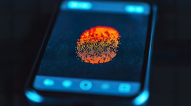 Macro photography of a fingerprint scanner on a mobile banking app, biometric security - Powered by Adobe
