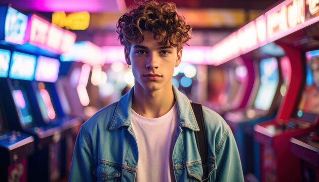 Handsome boy posing inside retro arcade with neon lights around him