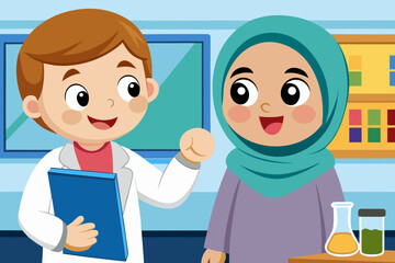 Fototapeta premium A doctor in a white coat holding a blue folder talks to a young girl wearing a hijab in a medical setting with lab equipment on a table
