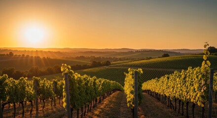 Naklejka premium Vineyard rows stretch into a sun-drenched landscape at sunrise. Golden light bathes rolling hills, with vibrant green grapevines in the foreground