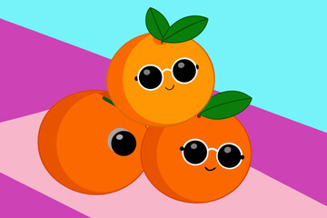 Three cute cartoon oranges with faces and leaves stacked on a pink and blue background, playful and vibrant illustration