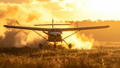 Small plane landing on grass runway during sunset. General aviation concept