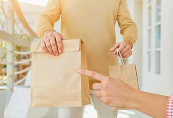 Hands holding craft delivery paper bag mockup, ai generated