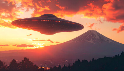Enormous disc-shaped spaceship floating over Mount Fuji at sunset, dramatic sky with red and orange hues, cinematic shot