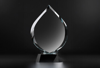 Blank glass teardrop award mockup on black background, ai generated