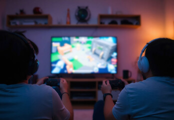 Men playing video games on tv in room, ai generated