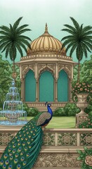 Elegant Indian Pavilion with Peacock Fountain Lush Tropical Garden Exotic Paradise Illustration
