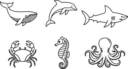 Marine Animals Line Art | Whale Dolphin Shark Crab Seahorse Octopus | Minimal Outline Style | Black and White Vector Illustration.