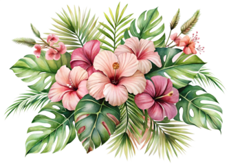 Watercolor illustration of tropical flowers and leaves isolated on transparent background