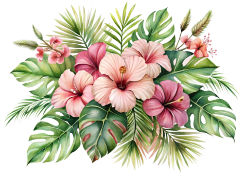 Watercolor illustration of tropical flowers and leaves isolated on transparent background