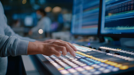 A researcher validates gene edits in a sequencing core with sequencers humming screens displaying base calls sample racks organized and data logs updating captured in a high