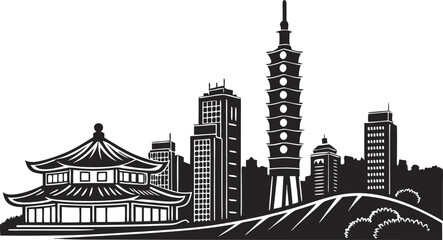 Fototapeta premium Vector art of silhouette of a generic asian cityscape featuring traditional and modern architecture and a pagoda