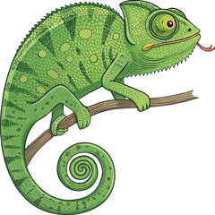 Naklejka premium Cartoon Green Chameleon Lizard Sitting on Branch with Curled Tail