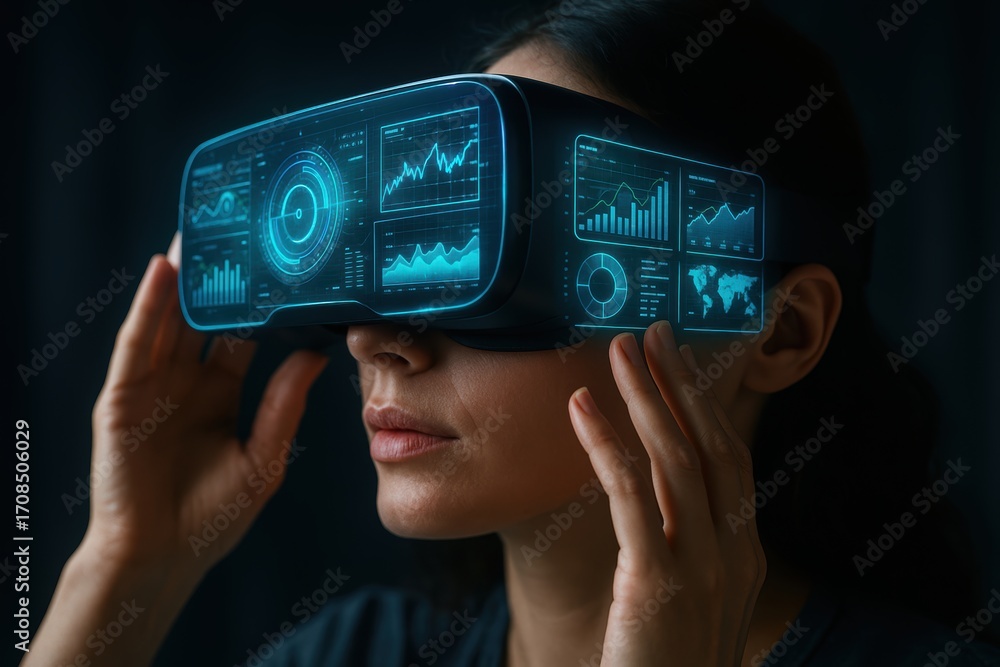 Poster immersed in the digital world: a person wearing a vr headset. with screens displaying data visualiza
