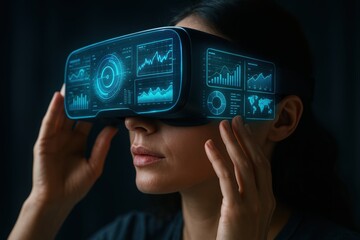 Immersed in the Digital World: A person wearing a VR headset. with screens displaying data visualization, exploring the cutting edge of technology.