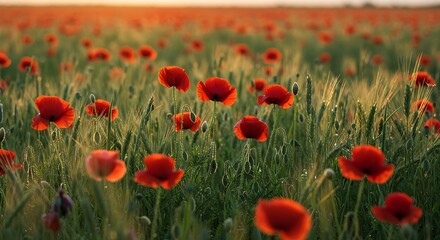 Fototapeta premium Red poppy field at sunset