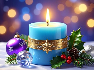 Christmas decoration with blue candle and bokeh backdrop. Design for Christmas cards, social media posts, editorial use, digital wallpaper, blog, lifestyle magazines, feature article illustration, web