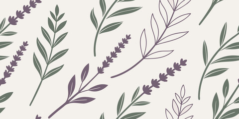 Seamless vector pattern of lavender sprigs and herbs in flat minimalist style with muted natural tones for eco branding