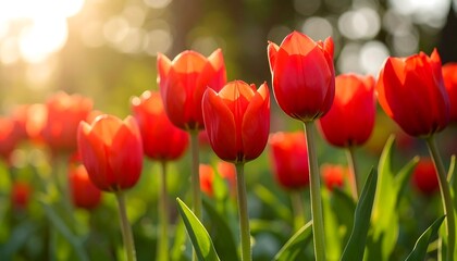 Fototapeta premium Vibrant Red Tulips in Sunlight, Spring Garden Bloom