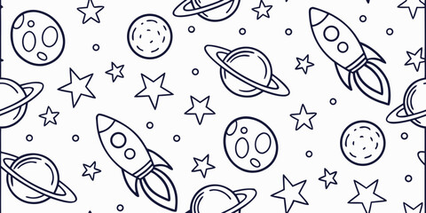 Seamless space doodle vector pattern with stars, moons, comets, planets, and rockets in thin black line art on white background
