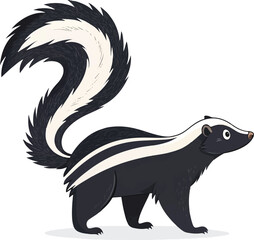 Cartoon Skunk with Fluffy Tail Standing Side View Isolated on White Background