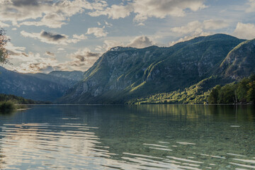 Lake Bohinj in Slovenia with Mountains at sunset