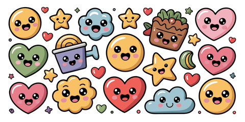 Cute kawaii doodle set with smiley faces, stars, hearts, food items, and pastel outline hand-drawn icons isolated on white background