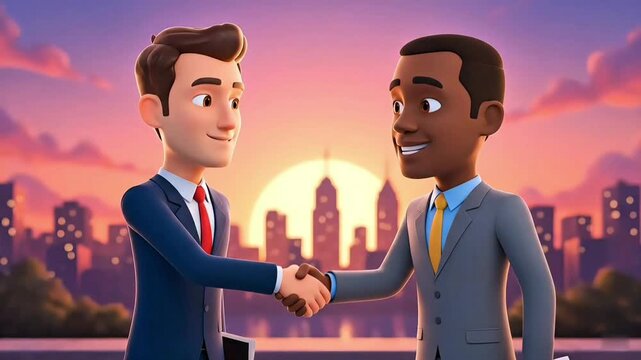 Cartoon businessmen shaking hands in front of a city skyline at sunset with smiles on their faces