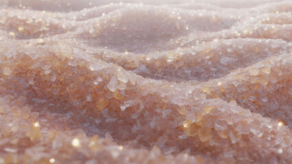 A photograph of a close-up of a vibrant, crystalline sugar background texture. The sugar crystals are a mix of sparkling white and delicate amber hues, reflecting light in a mesmerizing pattern across