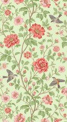 Fototapeta premium Floral Pattern with Birds Seamless Vintage Style Background for Textile Design and Wallpaper