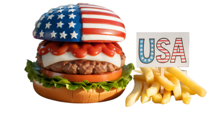 Burger and french fries in the colors of the US flag on a white background
